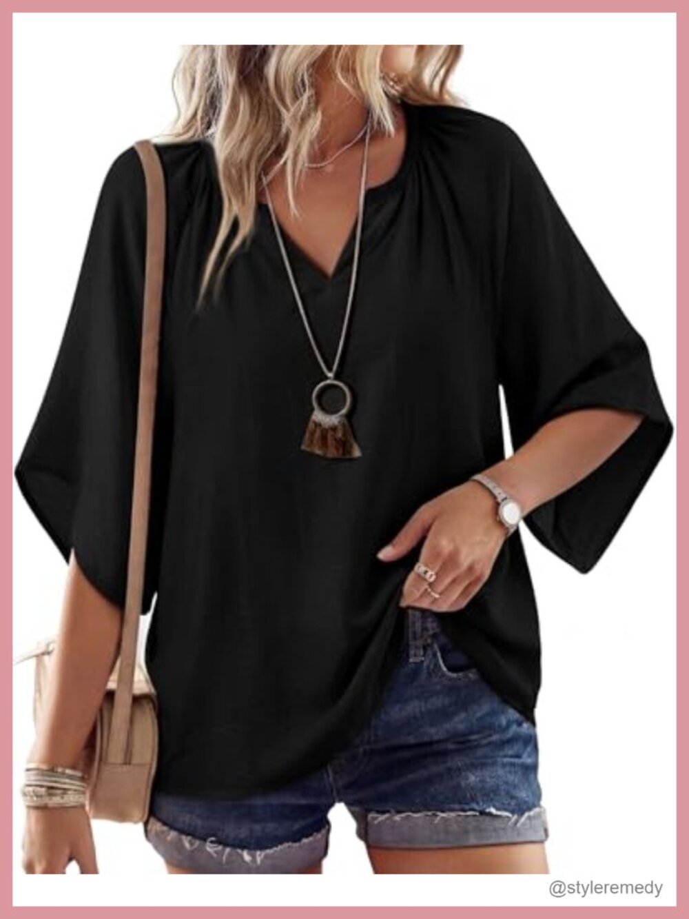Womens Boho Peasant Blouse 3/4 Bell Sleeve V Neck Tunic Top